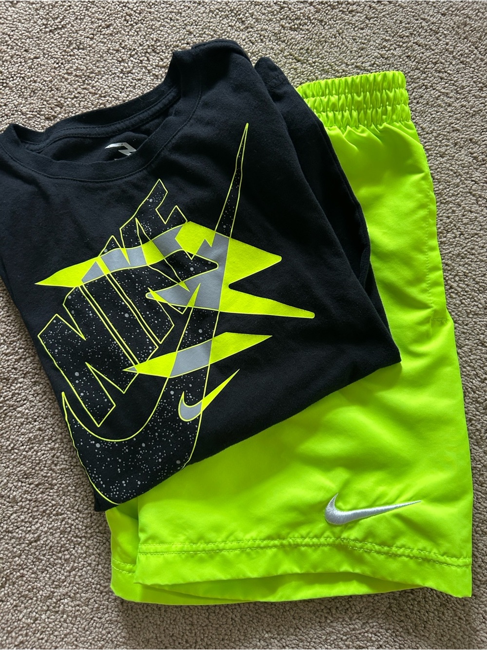Youth Nike Black & Neon Green Graphic Tee with Neon Green Shorts